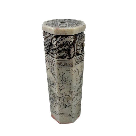 Vintage Asian Jade Stamp Neophrite Carved Dragon and Phoenix Etched Scenes - Picture 1 of 9